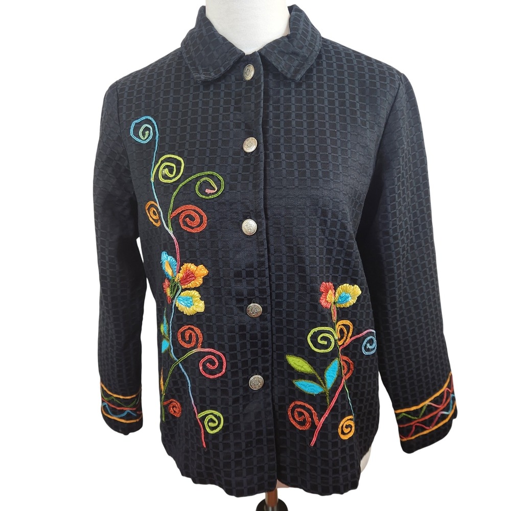 Mirasol Black Embroidered Floral Button‎ Up Jacket Women's Sz Medium Bohemian